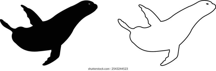 Sealion animal mascot silhouettes icon set. Sea lion black vector flat line collection isolated on transparent background, clipart image painting design art Graphic drawing minimalist contour.