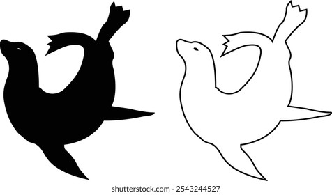 Sealion animal mascot silhouettes icon set. Sea lion black vector flat line collection isolated on transparent background, clipart image painting design art Graphic drawing minimalist contour.