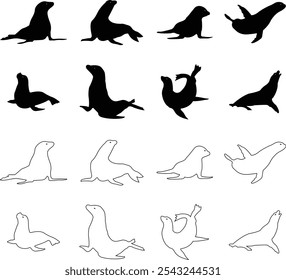 Sealion animal mascot silhouettes icon set. Sea lion black vector flat line collection isolated on transparent background, clipart image painting design art Graphic drawing minimalist contour.