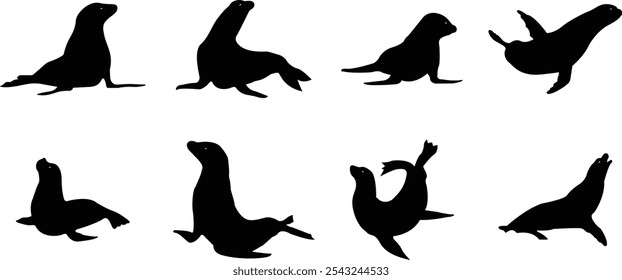 Sealion animal mascot silhouettes icon set. Sea lion black vector flat collection isolated on transparent background, clipart image painting design art Graphic drawing minimalist contour.