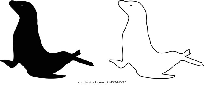 Sealion animal mascot silhouettes icon set. Sea lion black vector flat line collection isolated on transparent background, clipart image painting design art Graphic drawing minimalist contour.