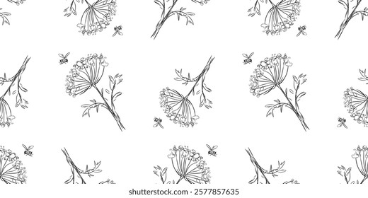 Sealmess pattern of outline hand drawn umbrella plant flower, flying bee, doodle sketch vector, background, paper, textile 