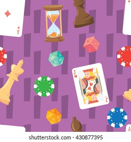 Sealmess pattern with vector cartoon objects about poker, card and board games with hourglass, DnD dice (game), ace and jack cards, chess figures