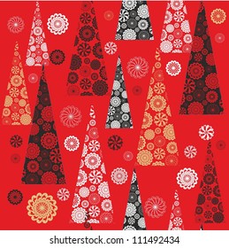 Sealmess vector Christmas wrapping  paper design with stylized spruce trees and snowflakes on red background