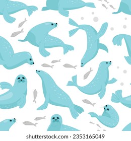 seals animal pattern. seals lying in different poses, north antarctica animals, cute funny cartoon characters. vector ocean flat characters seamless pattern.