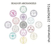 Seals of the Archangels, diagram of the Kingdom of Spirits rulership. Angels who serve God symbols isolated on white background.