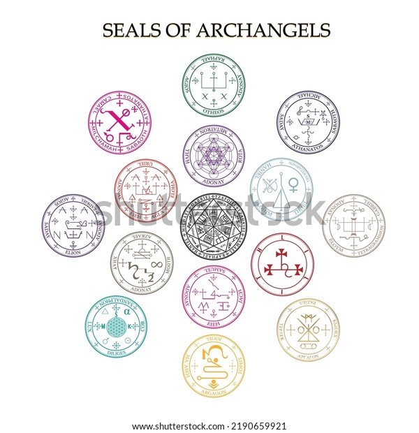 Seals of the Archangels, diagram of the\
Kingdom of Spirits rulership. Angels who serve God symbols isolated\
on white background.