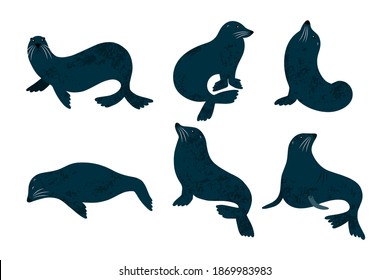 Seals character isolated on a white background. The vector illustration consists of 6 hand-drawn sea lions. Walrus Silhouettes.