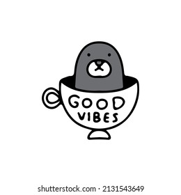 Seals and coffee cup, illustration for t-shirt, sticker, or apparel merchandise. With doodle, retro, and cartoon style.