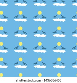 Seals couples on ice with Sun seamless pattern.