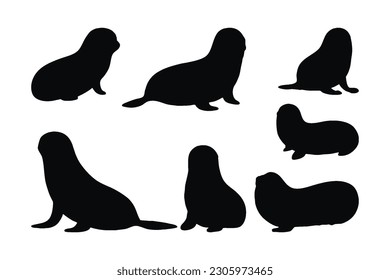 Seals crawling in different positions, silhouette set vector. Adult seals silhouette collection on a white background. Beautiful sea creatures like seals and sea lions full body silhouette bundles.