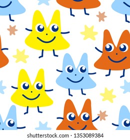 Seals funny abstract colorful on a white background with stars. Pattern for textile, fabric, background, Wallpaper, wrapping paper.