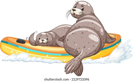 Seals on inflatable boat in cartoon style illustration