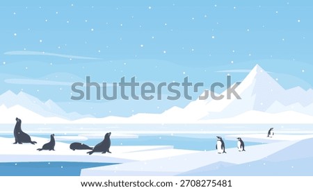 Seals and penguins on an ice floe against a backdrop of beautiful icy mountains. Beautiful Arctic landscape with penguins and seals. Vector illustration of northern nature.