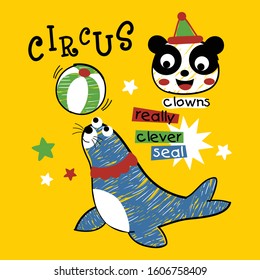 seals playing ball in the circus show/panda clown,funny animal cartoon,vector illustration