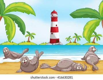 Seals relaxing on the beach illustration