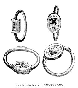 Seals and signets, It has four finger rings, seals and symbols are imposed on rings,  vintage line drawing or engraving illustration