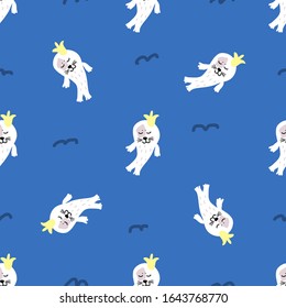 Seals are small in crowns on a blue background. Abstract vector seamless pattern for textiles, fabric, background, wrapping paper, Wallpaper.
