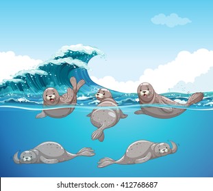 Seals swimming in the ocean illustration