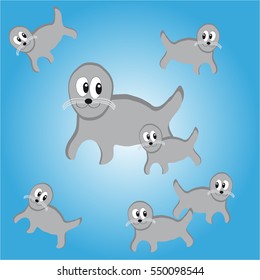 Seals in water. Vector illustration.