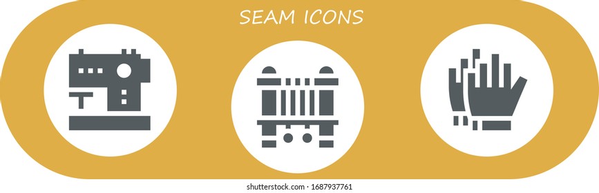 seam icon set. 3 filled seam icons. Included Sewing machine, Football gloves icons