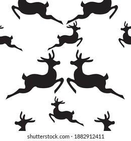 Seam pattern of deer galloping towards each other, some of them running away.