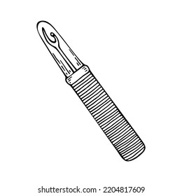 Seam ripper line art. A sewing tool for cutting threads. Tailor profession. Hand drawn vector doodle illustration.