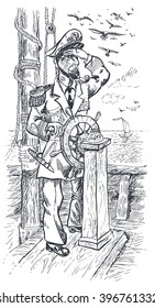 Seaman captain at the helm steering wheel. Hand drawn engraving. Vector vintage illustration
