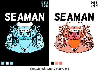 Seaman, captain portrait hand drawn. Bearded old  man design illustration. Vector graphics for t-shirt prints and other uses.