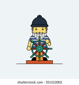Seaman holding ship wheel in hands, Cartoon vector illustration.