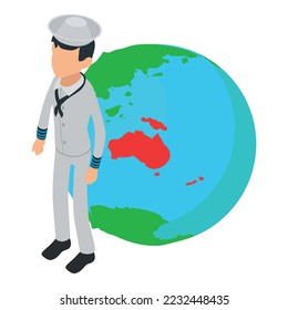 Seaman icon isometric vector. Faceless sailor character on globe background icon. Ship crew male character in uniform