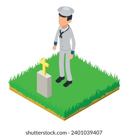 Seaman icon isometric vector. Faceless sailor character near friend grave icon. Military cemetery, remembrance day