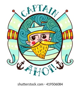 Seaman Illustration with a lighthouse in the style of an old tattoo. Lovable Captain Ahoi salty seas with a beard and mustache, paper boats and flags. Printing on T-shirt, bag, poster