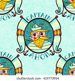 Seaman with a lighthouse. Style old tattoo. Lovable Captain Ahoi salty seas with a beard and mustache, paper. Seamless pattern for scrapbooking, wrapping paper, web, textile, surface design, fashion