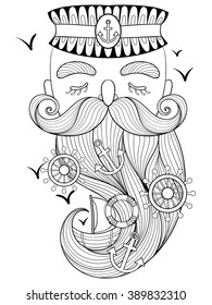 Seaman. Vector old sailor illustration, seaman, captain, fisherman, sea-dog print for adult anti stress coloring page. Hand drawn artistically ornamental patterned captain portrait, sea collection.