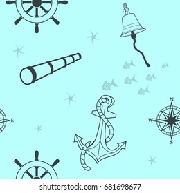 Seamanship objects pattern on blue background. Seamless vector illustration.