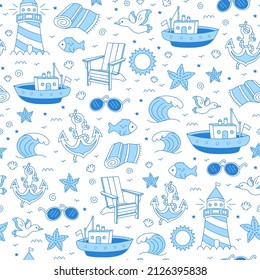 Sea,marine seamless pattern.Vector cartoon doodle hand drawn style character illustration design.Vintage sailor,sea,island,vacation,travel seamless pattern,wallpaper concept