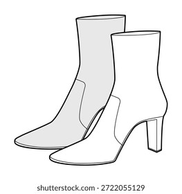 Semeado bloco calcanhar bota tornozelo mulheres par de esboço. Detalhe costurado com sola grossa para o inverno, tendência da moda para a frente. Ilustração de moda técnica CAD mockup vetor homens unisex estilo elegante isolado