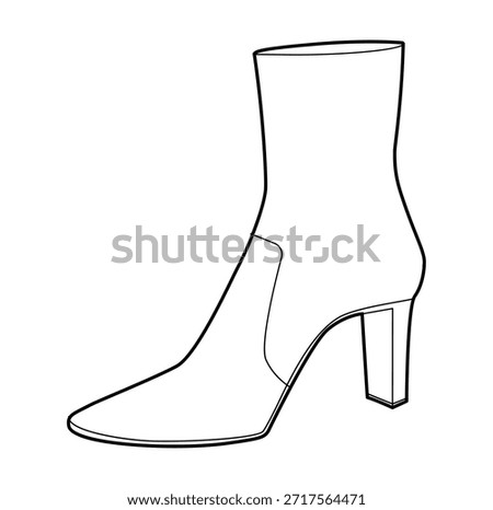 Seamed block heel ankle boot women single line pair. Stitched detail with chunky sole cold weather aesthetic. Technical fashion illustration CAD mockup clean vector men unisex isolated classic style