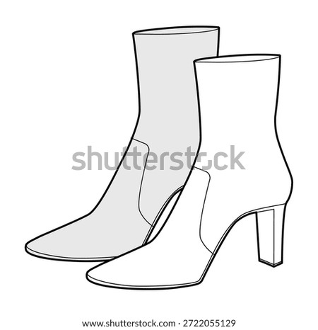 Seamed block heel ankle boot women sketch pair. Stitched detail with chunky sole for winter, fashion forward trend. Technical fashion illustration CAD mockup vector men unisex isolated elegant style
