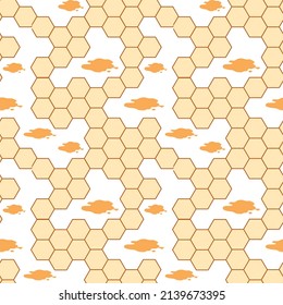 Seameless, endless pattern with bee, honey, marigold flower and honeycomb. Texture, fabric.
Hand drawn, colored design in cartoon style. Flat vector illustration, isolated objects.