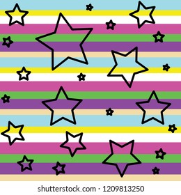 Seameless pattern with black contour stars on raindow background. Wallapaper and fabric design.