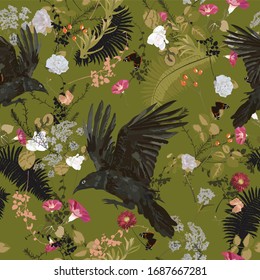 Seameless vector pattern with raven, flowers, plants, leaves.