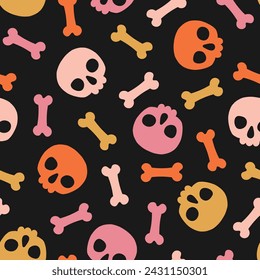 Seamelss pattern with colorful skull and bones and black background