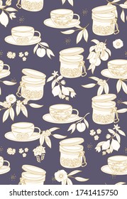 Seamelss vector pattern with aromatic herbs, tea, lemon, peach and vervain flowers