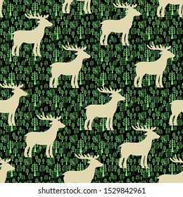 Seamelss vector pattern with golden deer silhouette on dark background, green forest pattern