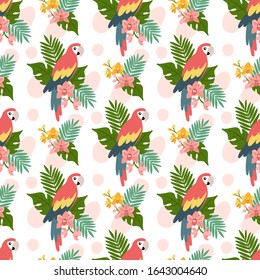 Seamess pattern with ara parrot, flowers orchid and palm leaves. Beautiful tropical print design for home decor, textile, packaging, wrapping paper etc. Modern vector illustration.