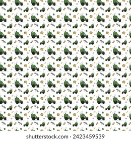 Seamess pattern of a cartoon broccoli car on wheels. Cabbage truck or broccoli tractor with racing car accessories pattern