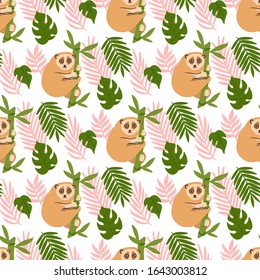 Seamess pattern with cute lemur lory on a bamboo branch. Сreative print for apparel, textile, packaging, wrapping paper, nursery decoration etc.