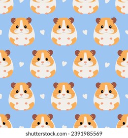 Seamess pattern with cute orange and white syrian hamster and hearts on blue background. Vector flat illustration